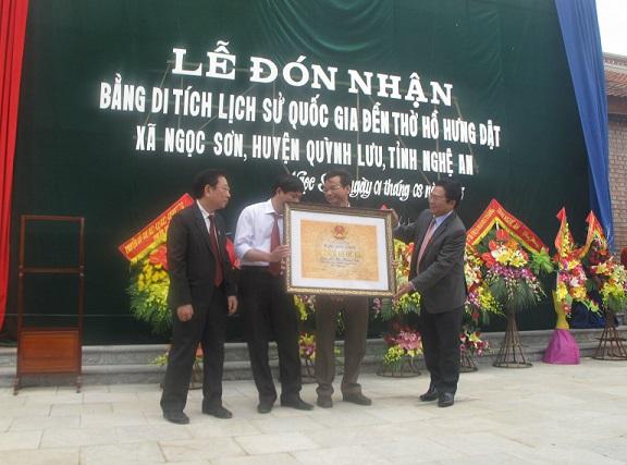 Nghệ An: Đón nhận Bằng xếp hạng di tích quốc gia Đền thờ Hồ Hưng Dật